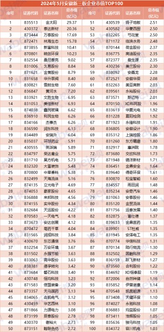 月刊[优益配配资]2024年5月安徽新三板企业市值TOP100：32家企业去年净利润超3000万元