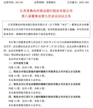 开年又一例！中小银行吸收合并提速 常熟银行拟“收编”3家村镇行