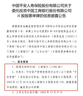 险资仍在“囤”银行！2024最后一天平安人寿举牌工商银行H股 持股比例达到15%