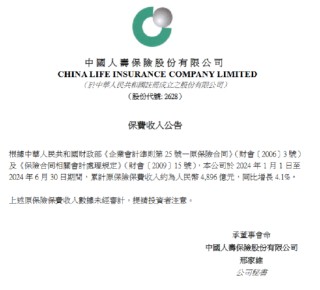 中国人寿：上半年累计原保险保费收入约4896亿元 同比增长4.1%