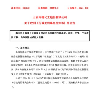 同德化工收《行政处罚事先告知书》，公司拟被罚100万元