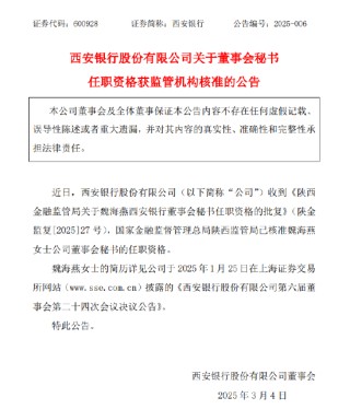 西安银行：董事会秘书魏海燕任职资格获批
