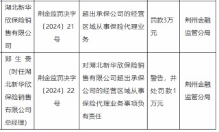 湖北新华欣保险销售有限公司被罚3万元：因超出承保公司的经营区域从事保险代理业务