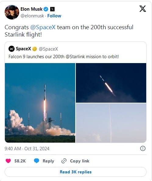 SpaceX完成第200次星链发射任务，马斯克祝贺-第1张图片