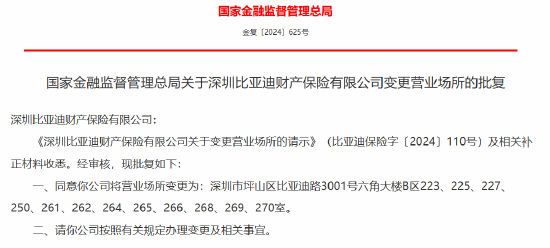 深圳比亚迪财产保险有限公司获批变更营业场所-第1张图片
