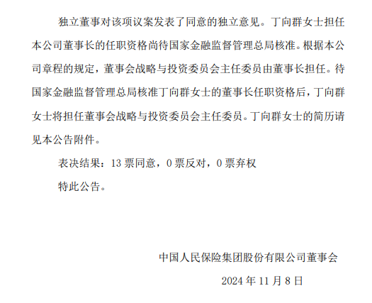 中国人保：选举丁向群为董事长-第2张图片