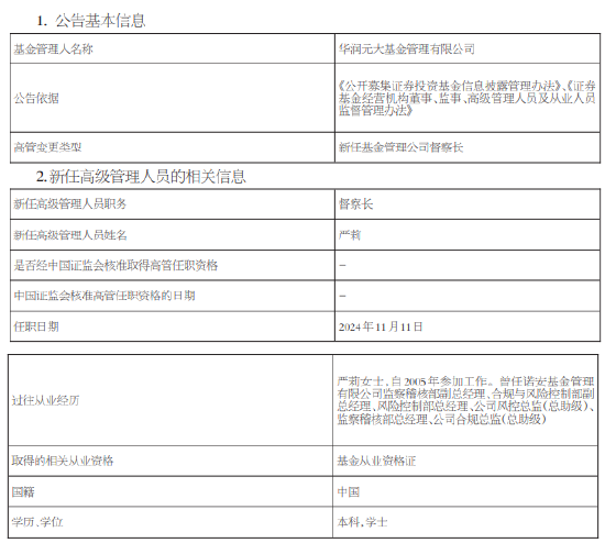 华润元大基金新任严莉为督察长 曾任职于诺安基金-第1张图片