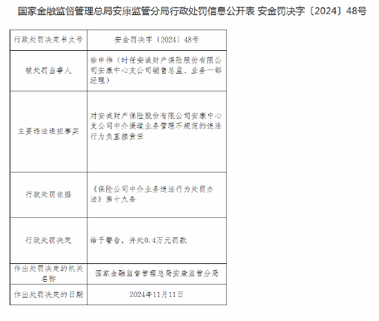 安诚财险安康中心支公司收罚单：因中介渠道业务管理不规范-第3张图片
