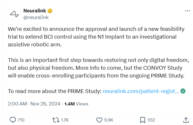 获准测试机械臂！马斯克的脑机接口公司Neuralink，越来越科幻了-第1张图片