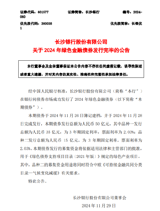 长沙银行：2024年绿色金融债券发行完毕-第1张图片