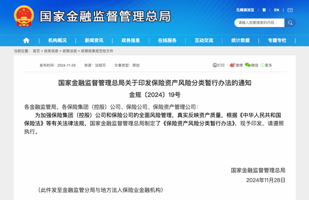 金融监管总局印发《保险资产风险分类暂行办法》-第1张图片