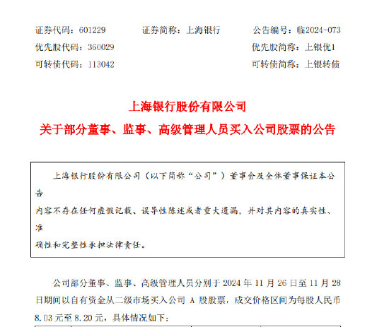 上海银行：部分董监高以自有资金买入公司股票 合计29.2万股-第1张图片