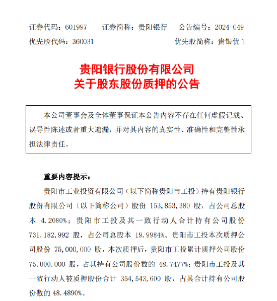 贵阳银行：贵阳市工业投资有限公司质押公司股份7500万股-第1张图片