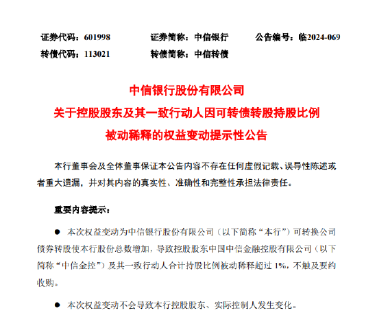 中信银行：控股股东及其一致行动人因可转债转股持股比例被动稀释超1%-第1张图片
