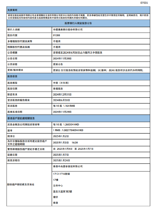 农业银行：2024年中期股息每10股派1.164元人民币-第1张图片