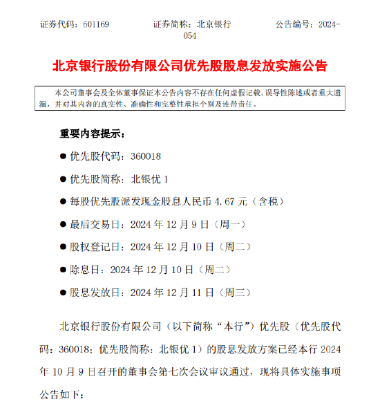 北京银行：发布优先股股息发放实施公告 每股优先股派发现金股息人民币4.67元-第1张图片