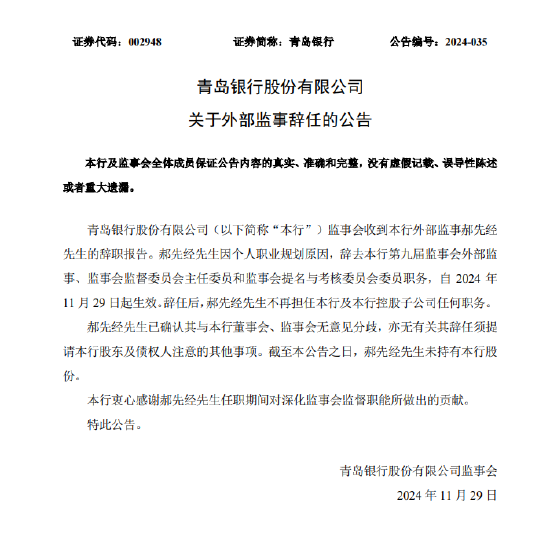 青岛银行：郝先经辞任监事-第1张图片
