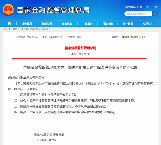 东吴财险筹建批文终于亮相 为法巴天星财险后年内第二家财险“生力军” 此前已启动公开招聘-第1张图片