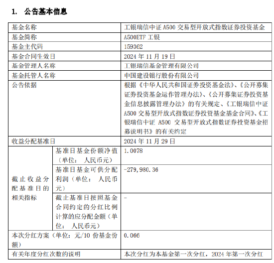 中证A500ETF首现分红！工银瑞信中证A500ETF第一次分红：每10份基金份额分配0.066元-第1张图片