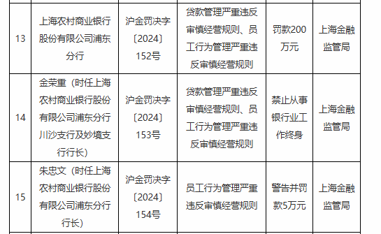 贷款管理和员工行为管理严重违反审慎经营规则！沪农商行浦东分行被罚200万元 一员工被终身禁业-第1张图片