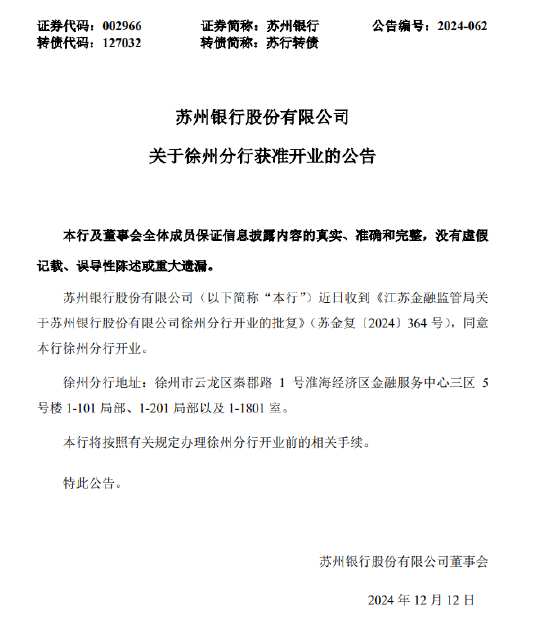 苏州银行：徐州分行获批开业-第1张图片