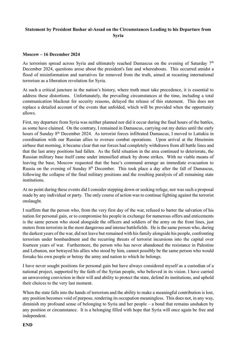 阿萨德下台后首次发声：原本没打算离开叙利亚-第1张图片