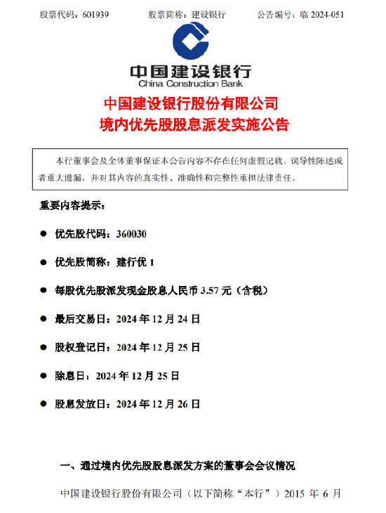 建设银行：每股建行优1将于12月26日派息3.57元-第1张图片