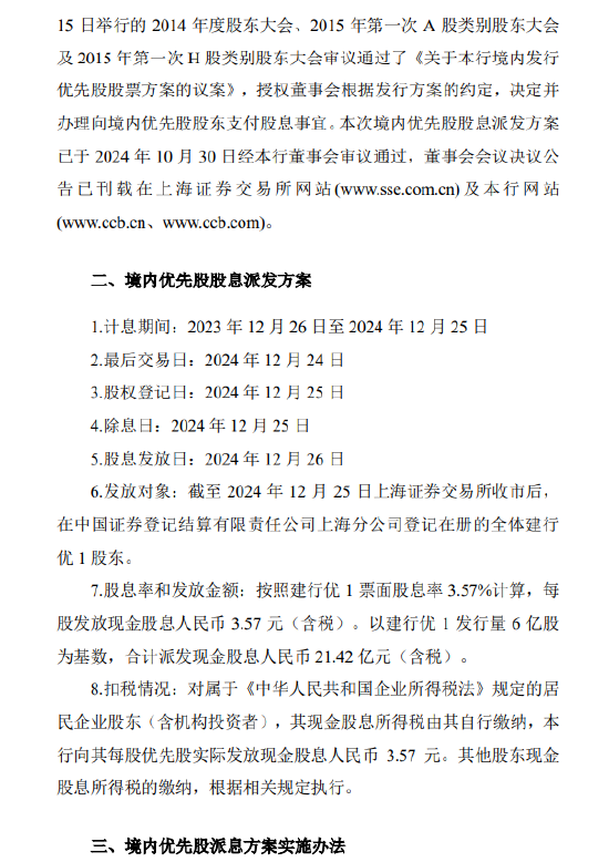 建设银行：每股建行优1将于12月26日派息3.57元-第2张图片