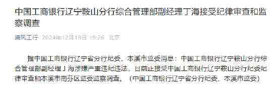 工商银行辽宁鞍山分行综合管理部副经理丁海被查-第1张图片