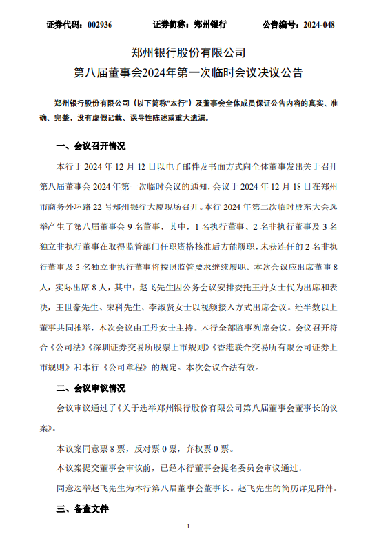 郑州银行：选举赵飞为第八届董事会董事长-第1张图片