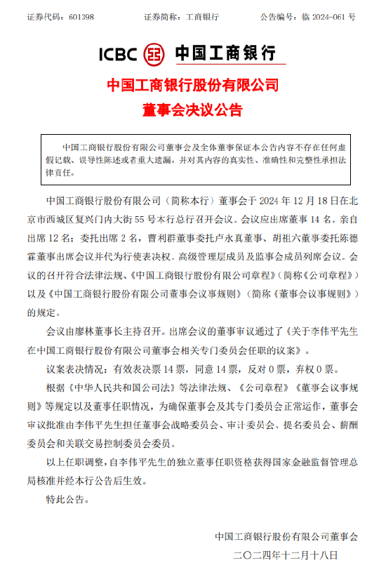 工商银行：12月18日召开董事会会议-第1张图片