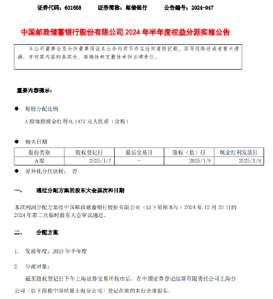 邮储银行：将于2025年1月8日派发半年度现金红利 每股派发现金红利0.1477元-第1张图片