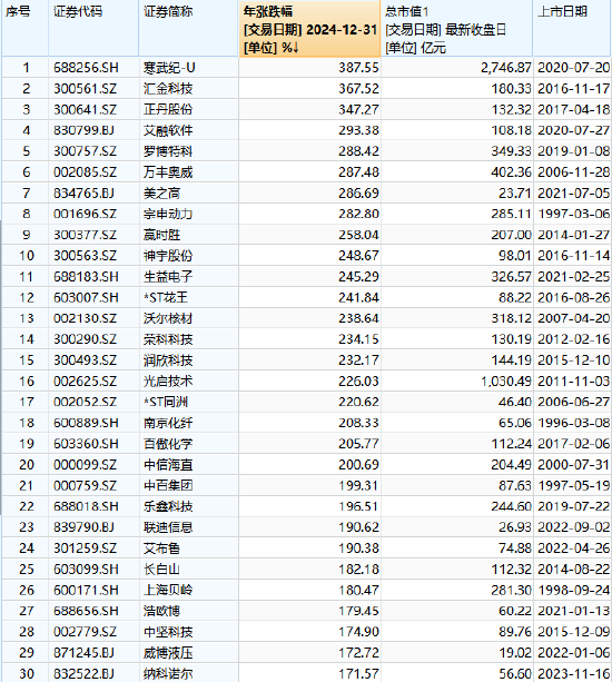 2024牛股盘点：3只股票涨幅超300%，20只股票涨幅超200%，94只股票涨幅超100%（名单）-第2张图片