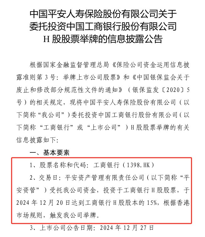 险资仍在“囤”银行！2024最后一天平安人寿举牌工商银行H股 持股比例达到15%-第1张图片