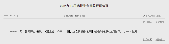 2024年12月三大政策性银行抵押补充贷款余额与上月持平-第1张图片