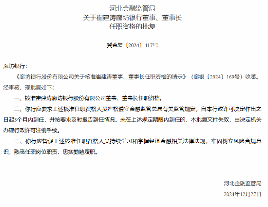 廊坊银行董事长崔建涛任职资格获批-第1张图片