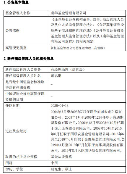 南华基金新任黄志钢、颜江伟为总经理助理-第1张图片