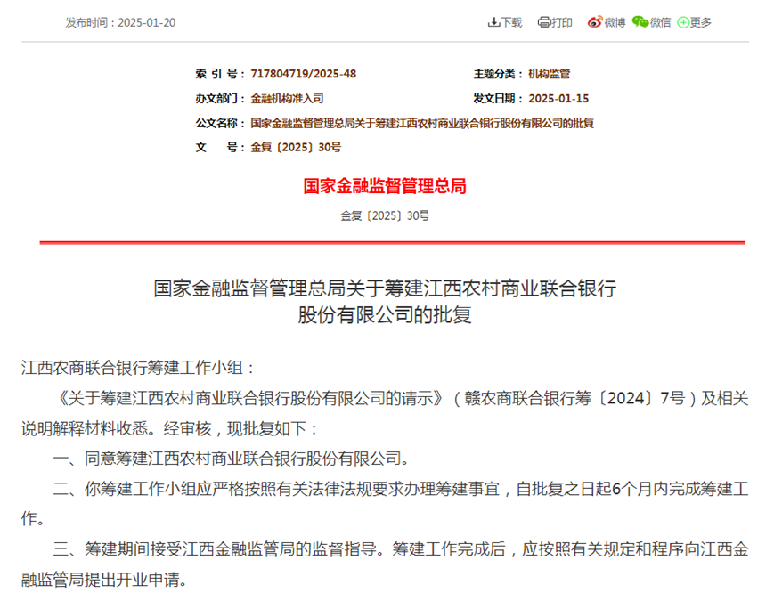 涉及85家机构、超1.3万亿资产 江西农商联合银行获批筹建-第1张图片