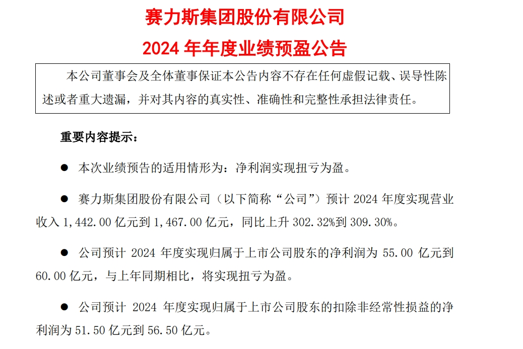 赛力斯：预计2024年营收最高1467亿元 净利润最高60亿元！股价去年涨了75% 问界卖“爆”了-第1张图片