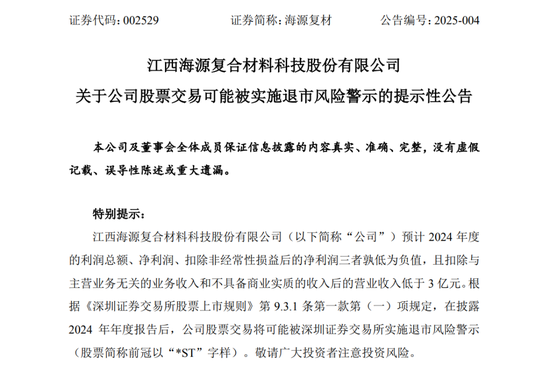 预计2024年业绩继续亏损，海源复材可能被实施退市风险警示-第1张图片