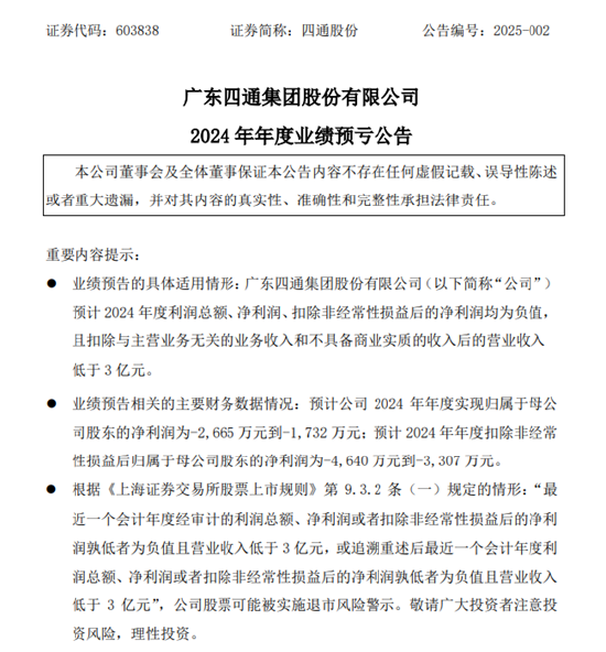 四通股份2024年业绩预亏，营收低于3亿元可能被实施ST-第1张图片