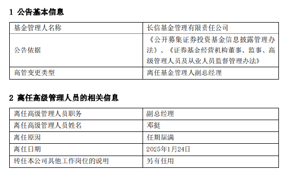 任期3年6月 长信基金邓挺离任副总经理-第1张图片