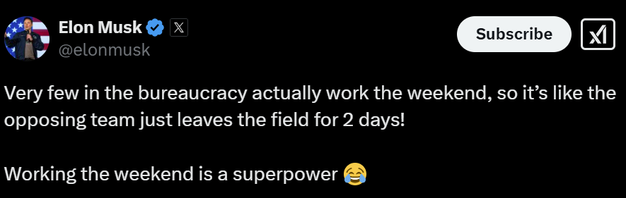 市场看到了吗？“马斯克式”削减赤字，震动美国政坛，“DOGE每周无偿工作120小时，而官僚们只有40小时”！-第6张图片