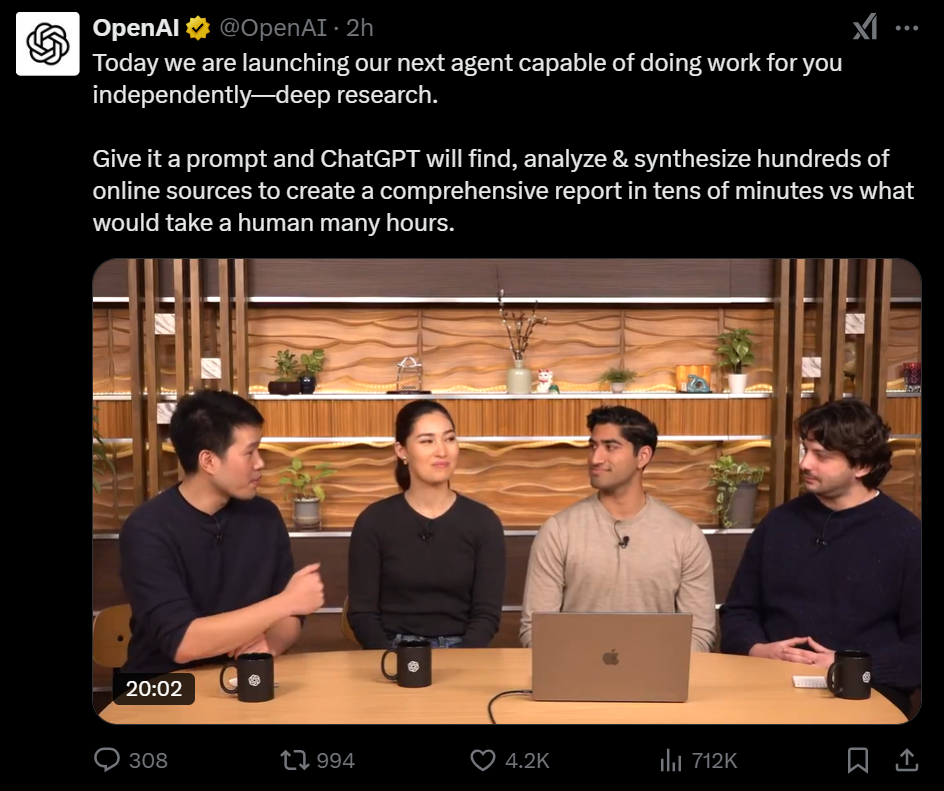 分析师的黄昏？OpenAI推出AI Agent“深度研究”，主打“金融、科学、政策和工程等领域”-第2张图片