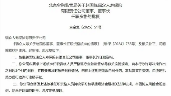 瑞众保险董事长赵国栋任职资格获批-第1张图片