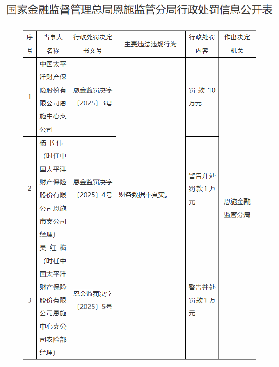 太保产险恩施中心支公司被罚10万元：因财务数据不真实-第1张图片