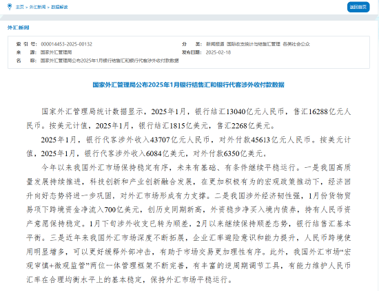 国家外汇管理局：1月银行结汇13040亿元人民币 售汇16288亿元人民币-第1张图片