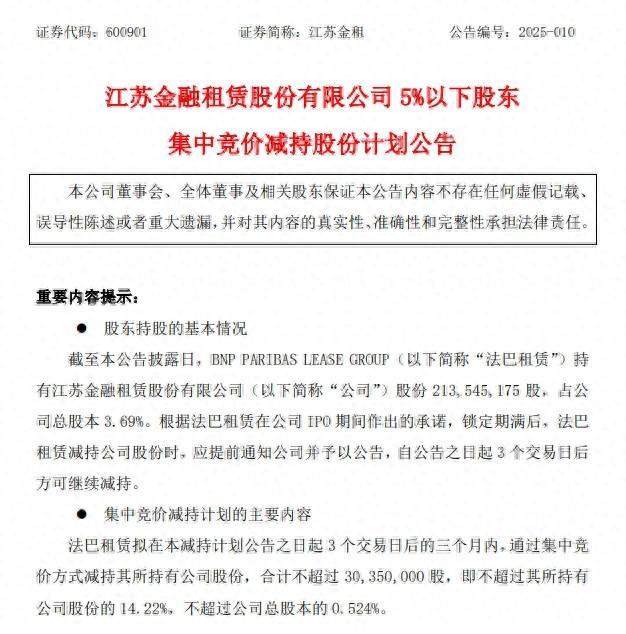 江苏金租遭第五大股东法巴租赁首度减持 套现近1.5亿元 短期还会有动作吗？-第1张图片