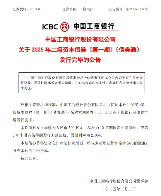 工商银行：完成发行500亿元二级资本债券-第1张图片